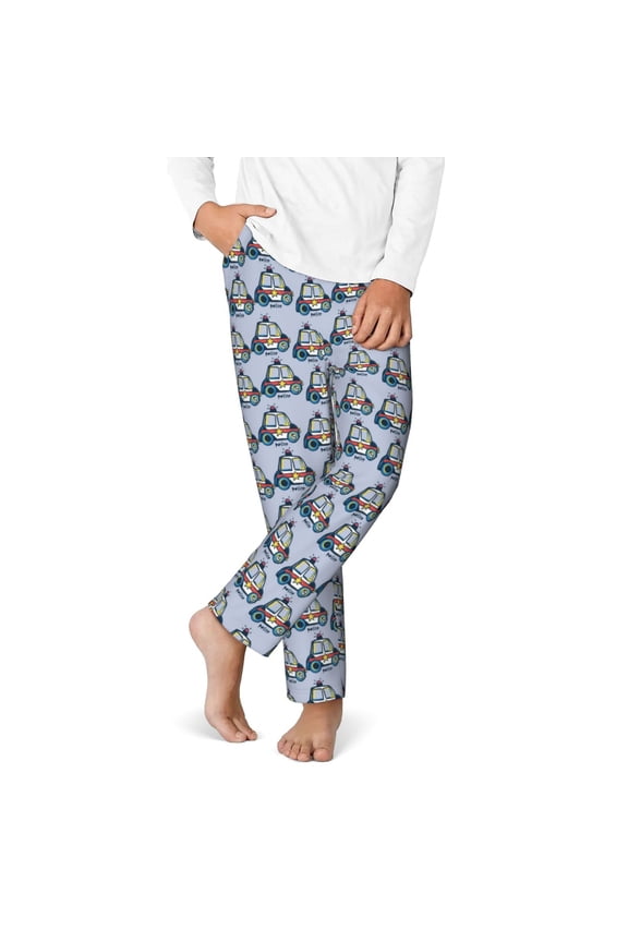 Police Car Print Youth Home Trousers, Elastic Waistband with Pockets for Home and Outing, Suitable for Children Aged 5-16-Small