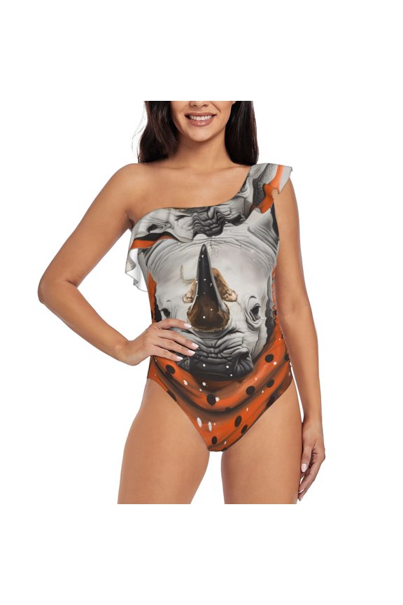Polka Dot Rhino Welcome Print One-shoulder Ruffled One-piece Swimsuit with Removable Chest Pads and Tummy-control Swimsuit for Women-
