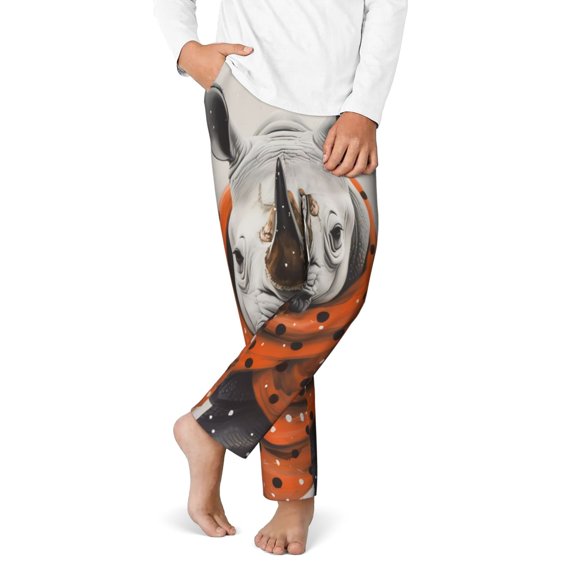 Gukieu Polka Dot Rhino Welcome Print Youth Home Trousers, Elastic Waistband with Pockets for Home and Outing, Suitable for Children Aged 5-16-Large