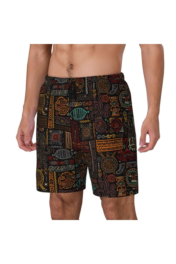 Polynesian Turtles Print Men's Double Layer Sports Swim Trunks, Quick Dry Adjustable Waist Swim Shorts Swimwear-Small