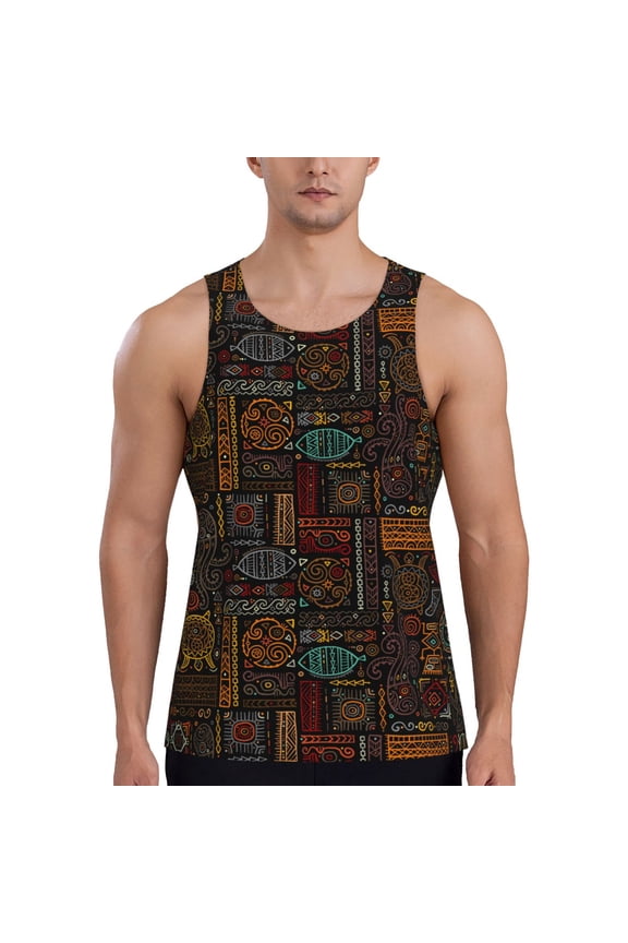 Polynesian Turtles Print Men's Quick Dry Fitness Vest, Round Neck Sleeveless Fitness Bodybuilding Top-Large
