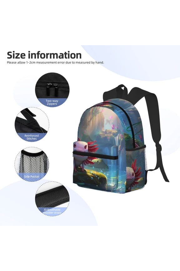 Pond Cute Axolotl Print Backpack, Waterproof Backpack with Adjustable Shoulder Straps, Suitable for Campus, Business, Travel, Unisex