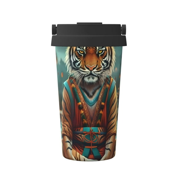 Gukieu Pond Meditating Tiger Print Insulated Coffee Cup, Portable Stainless Steel Vacuum Cup with Lid, Unisex, Suitable for Office, Cafe, Car