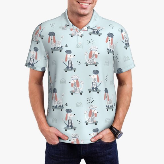 Gukieu Poodle Playing Skateboard Print Men's Quick-drying POLO Shirt, Button-down Summer T-shirt, Suitable for Work and Outdoor Activities-Medium