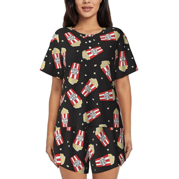 Gukieu Popcorn Print Women's Short-sleeved Pajama Set, Round Neck Button Top Elastic Shorts 2-piece Set, Summer Home Leisure Clothing-Small