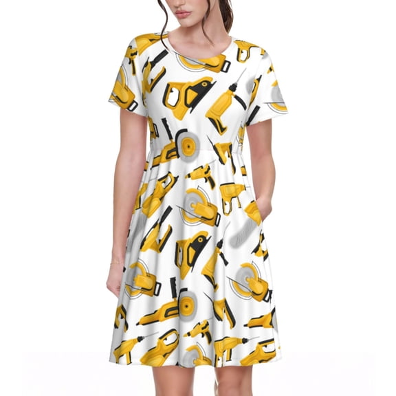 Gukieu Power Tools Print Women's Short Sleeve Dress, Elastic Waistband A-line with Pockets Summer Dress, Suitable for Daily Leisure, Work, Vacation