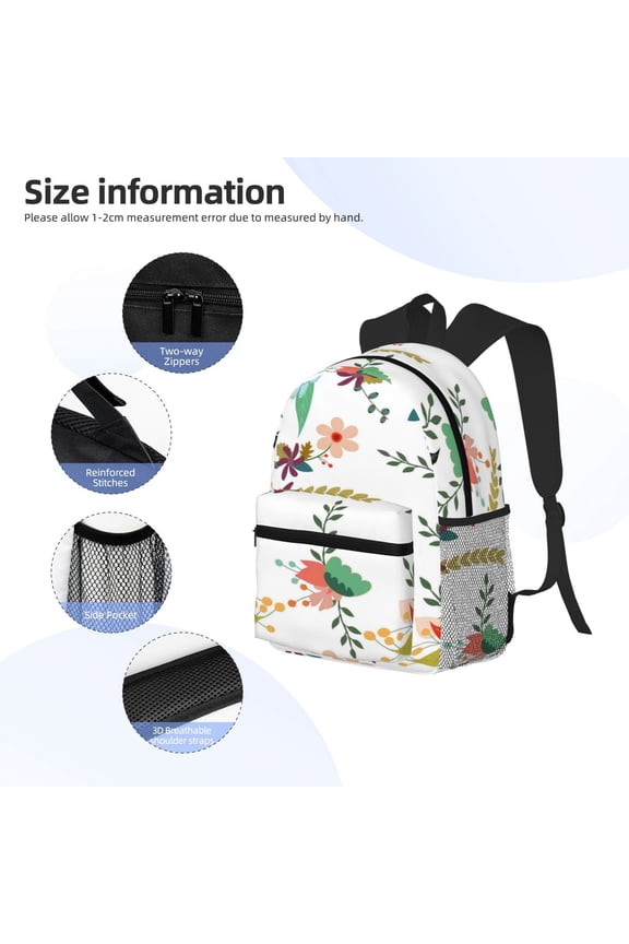 Pretty Floral With Leaves Print Backpack, Waterproof Backpack with Adjustable Shoulder Straps, Suitable for Campus, Business, Travel, Unisex