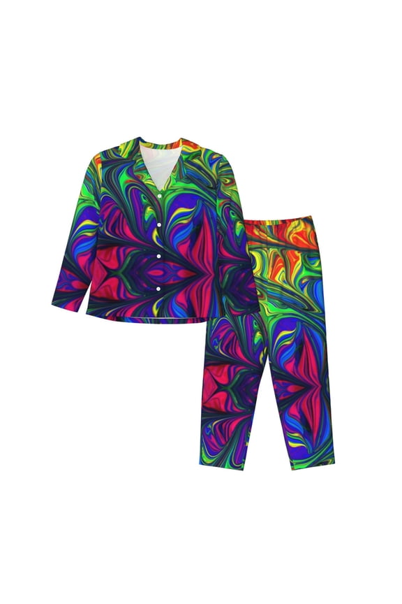 Pride Rainbow Print Women's Long Sleeve Pajama Set, Button Top Elastic Pocket Pajama Pants Two Piece Set Home Wear-Small