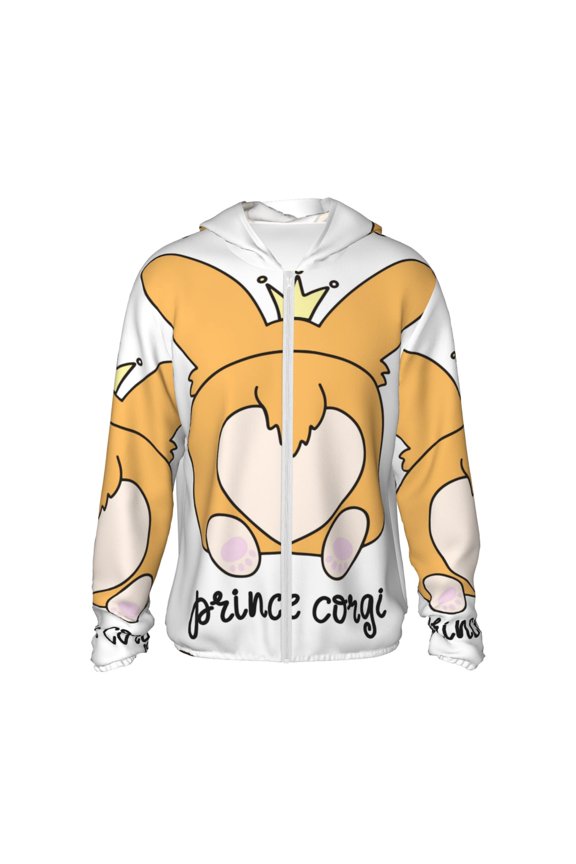 Prince Corgi Dog Print Sun Protection Hoodies for Men and Women, Zippered Long-sleeved Quick-drying UV Protection Shirts, Suitable for Sports, Swimming, Fishing-Small