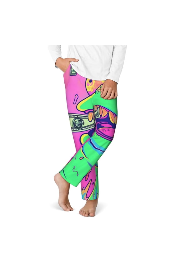 Psychedelic Cartoon Frog Print Youth Home Trousers, Elastic Waistband with Pockets for Home and Outing, Suitable for Children Aged 5-16-Large
