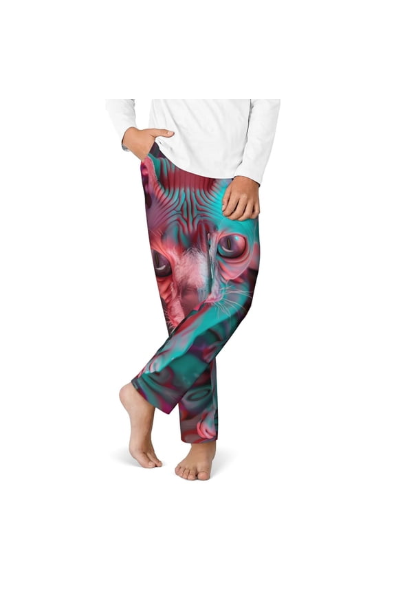 Psychedelic Hairless Cat Print Youth Home Trousers, Elastic Waistband with Pockets for Home and Outing, Suitable for Children Aged 5-16-XS(5-6)