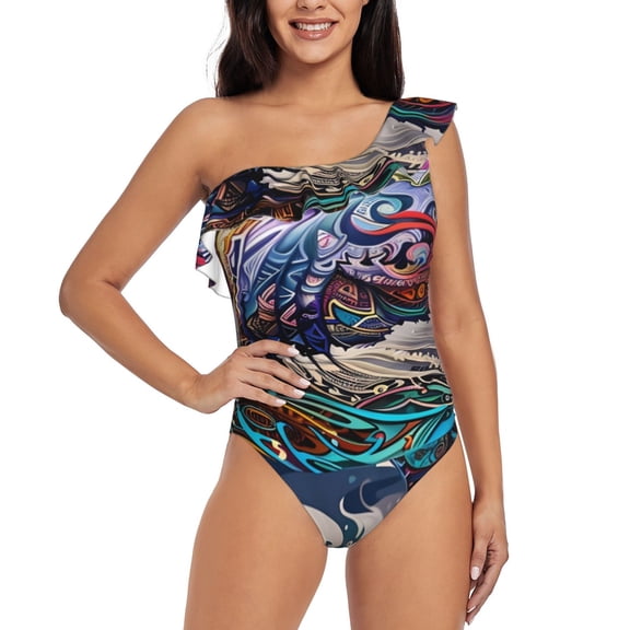 Gukieu Psychedelic Shark Artwork Print One-shoulder Ruffled One-piece Swimsuit with Removable Chest Pads and Tummy-control Swimsuit for Women-X-Large