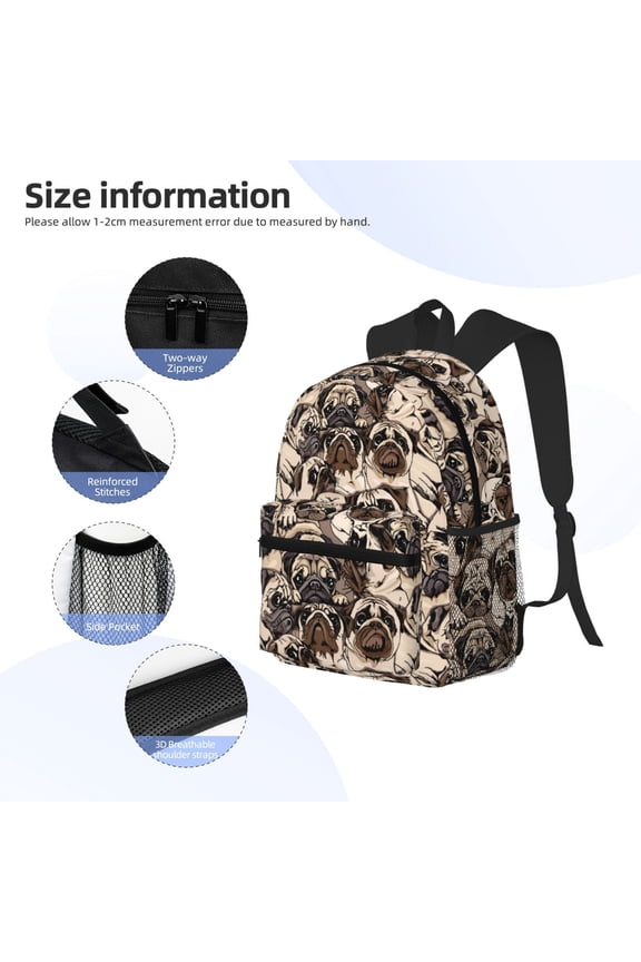 Pug Print Backpack, Waterproof Backpack with Adjustable Shoulder Straps, Suitable for Campus, Business, Travel, Unisex