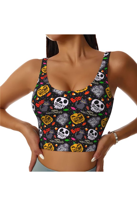 Pumpkin And Flying Bat Print Women's Sports Vest, Low-neck U-shaped Removable Pad Sports Bra for Yoga, Exercise, Dance-XX-Large
