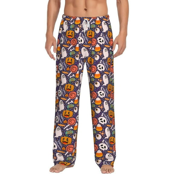 Gukieu Pumpkin And Flying Bat1 Print Men's Home Trousers, Elastic Drawstring Home Pajamas Clothing Suitable for Adult Men-Small