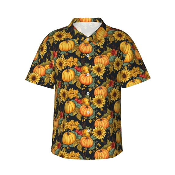Gukieu Pumpkins And Sunflowers3 Print Men's Short-sleeved Shirts, Button-down Lapel Hawaiian Shirts, T-shirts, Beach Vacation Summer Casual Wear,X-Large