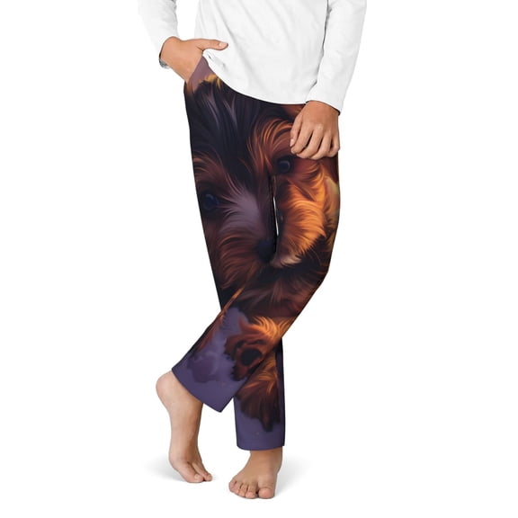 Gukieu Puppy Lying On A Cloud Print Youth Home Trousers, Elastic Waistband with Pockets for Home and Outing, Suitable for Children Aged 5-16-Large