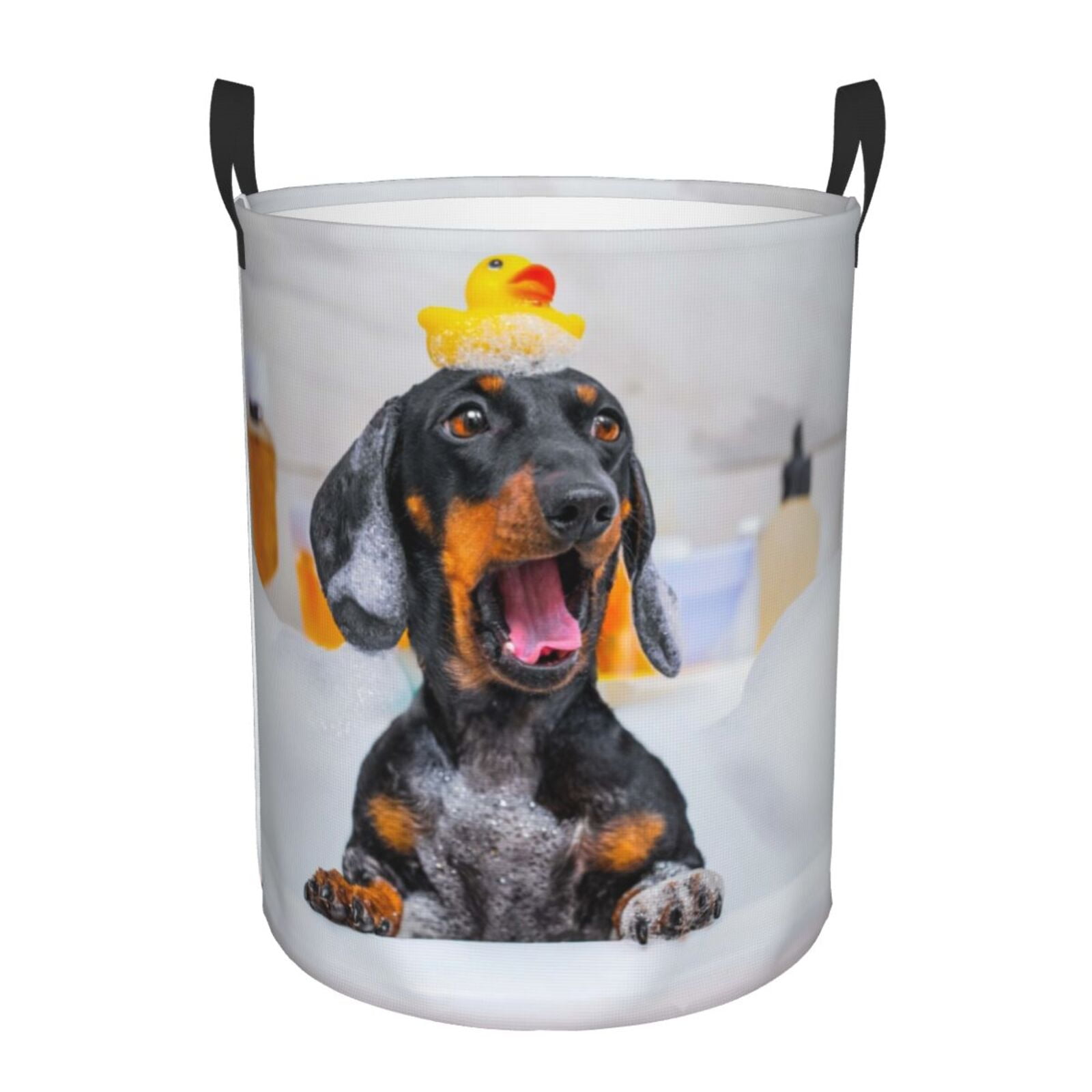 Gukieu Puppy Sits In Bathtub Print Round Dirty Clothes Bag, Waterproof Standing Home Bathroom Storage Basket Car Trunk Storage Bag-Small