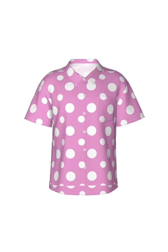 Purple And White Polka Dot Print Men's Short-sleeved Shirts, Button-down Lapel Hawaiian Shirts, T-shirts, Beach Vacation Summer Casual Wear,Small