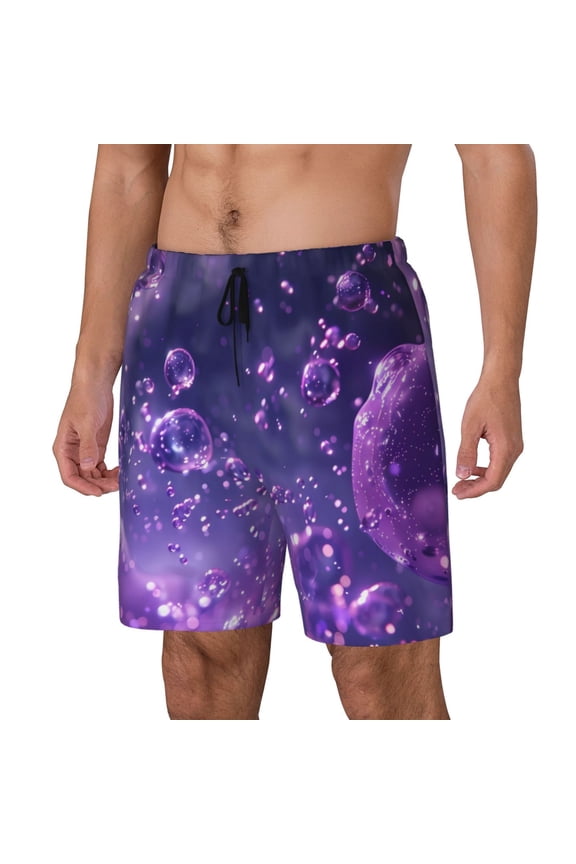 Purple Bubble Abstract Art Print Men's Double Layer Sports Swim Trunks, Quick Dry Adjustable Waist Swim Shorts Swimwear-Large