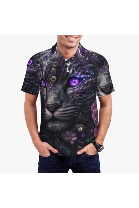 Purple-Eyed Floral Leopard Print Men's Quick-drying POLO Shirt, Button-down Summer T-shirt, Suitable for Work and Outdoor Activities-Small
