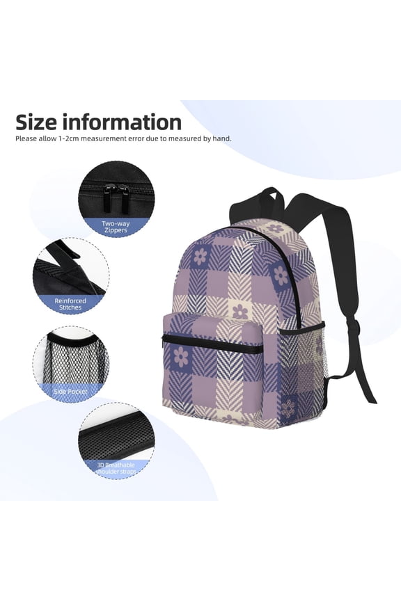 Purple Floral Gingham Check Plaid Print Backpack, Waterproof Backpack with Adjustable Shoulder Straps, Suitable for Campus, Business, Travel, Unisex