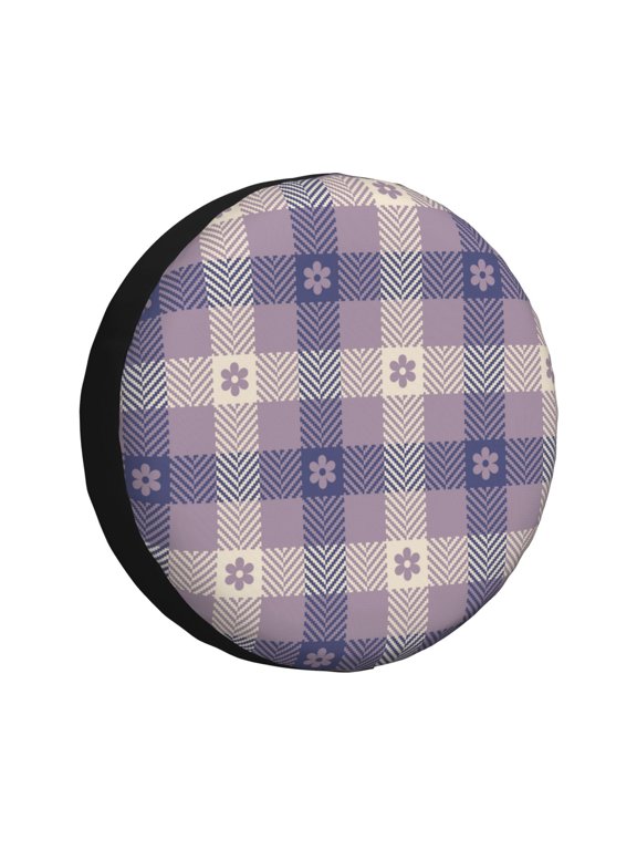 Purple Floral Gingham Check Plaid Print Car Tire Cover, Adjustable Waterproof and Dustproof Tire Protection Cover, Suitable for SUV, Truck, Van-14 inch