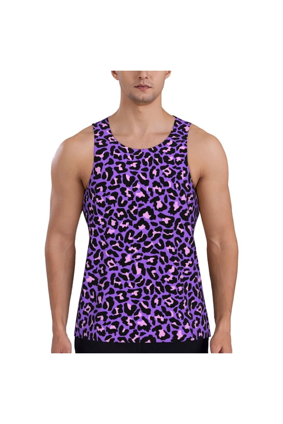 Purple Leopard Print Men's Quick Dry Fitness Vest, Round Neck Sleeveless Fitness Bodybuilding Top-X-Large
