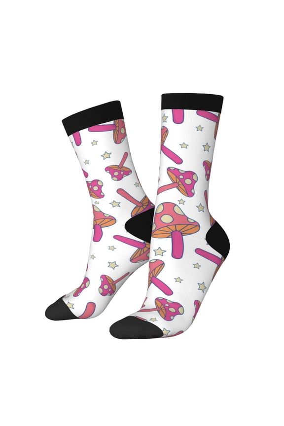 Purple Mushroom Print Contrast Color Mid-calf Socks, Sweat-wicking Athletic Socks, Unisex Clothing Accessories