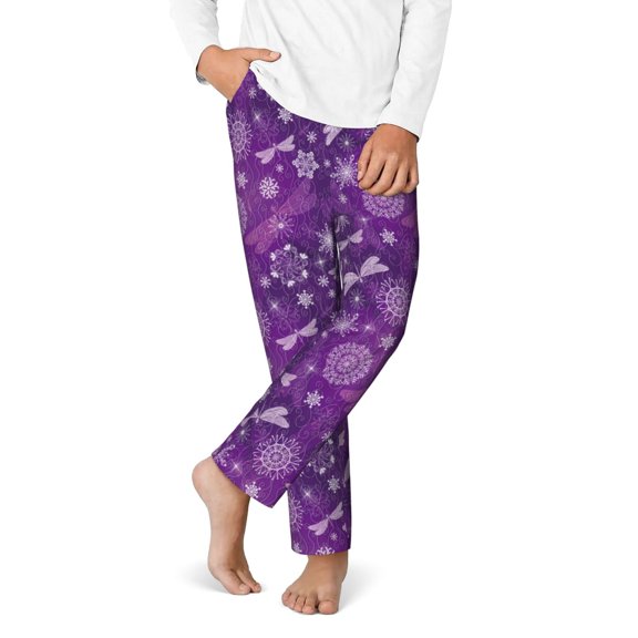 Gukieu Purple Snowflakes Print Youth Home Trousers, Elastic Waistband with Pockets for Home and Outing, Suitable for Children Aged 5-16-XS(5-6)