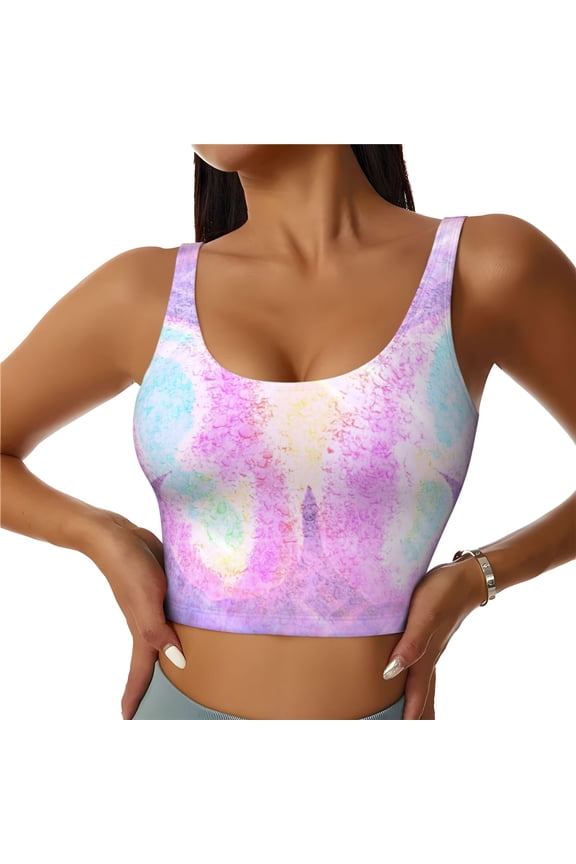Purple Sparkling Butterfly Print Women's Sports Vest, Low-neck U-shaped Removable Pad Sports Bra for Yoga, Exercise, Dance-XX-Large