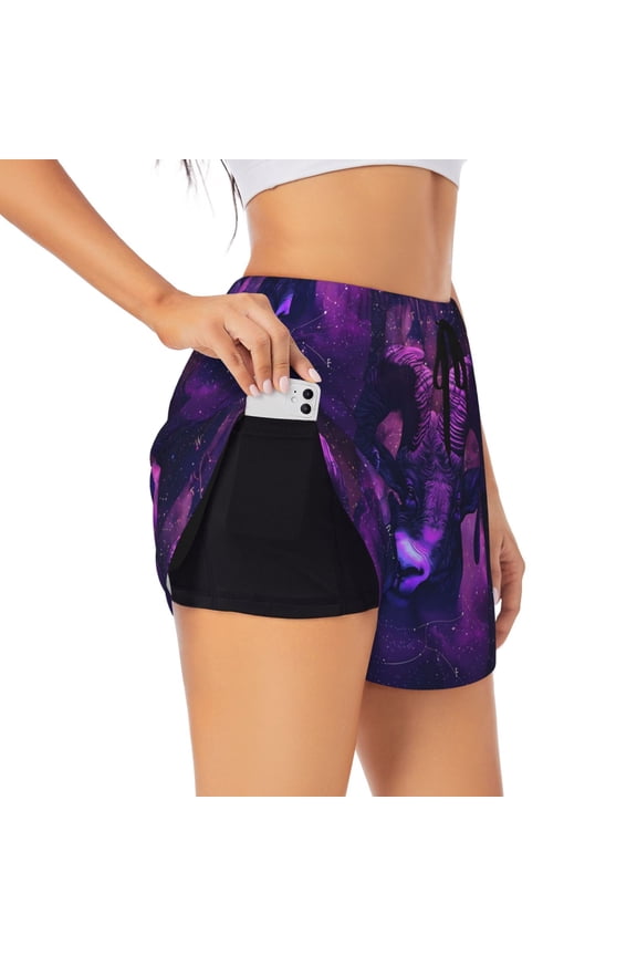 Purple Starry Sky Antelope Print Women's Sports Shorts with Drawstring Elastic Waistband for Running, Yoga, Fitness-X-Large