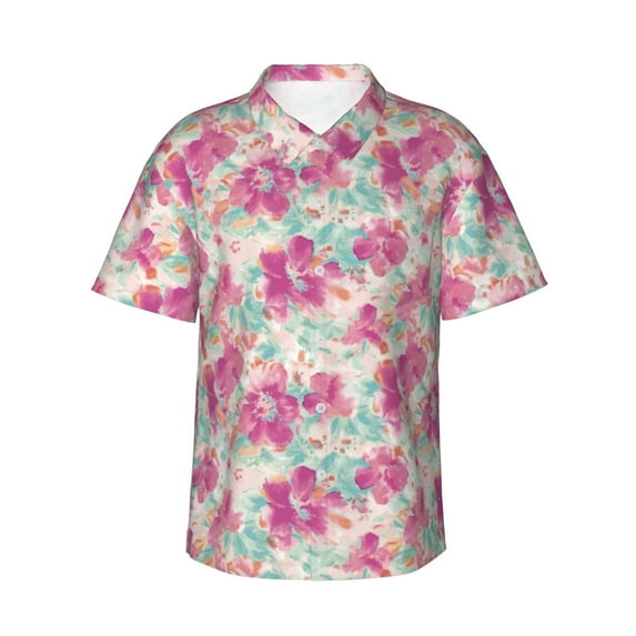 Gukieu Purple Watercolor Flowers Print Men's Short-sleeved Shirts, Button-down Lapel Hawaiian Shirts, T-shirts, Beach Vacation Summer Casual Wear,3X-Large