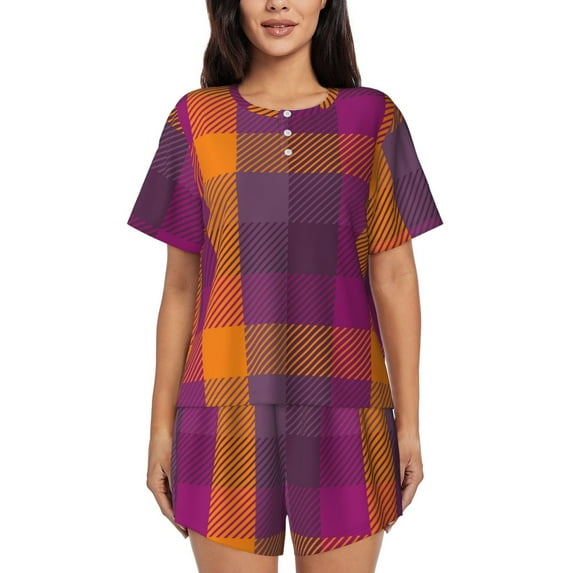 Gukieu Purple Yellow Buffalo Plaid Print Women's Short-sleeved Pajama Set, Round Neck Button Top Elastic Shorts 2-piece Set, Summer Home Leisure Clothing-XX-Large