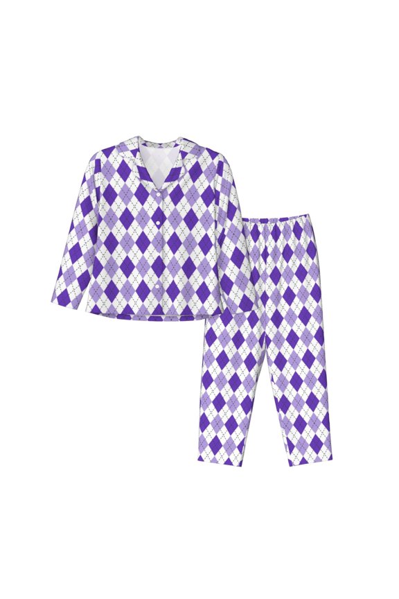 Purple argyle Print Women's Long Sleeve Pajama Set, Button Top Elastic Pocket Pajama Pants Two Piece Set Home Wear-Medium