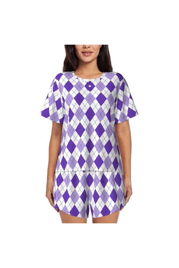 Purple argyle Print Women's Short-sleeved Pajama Set, Round Neck Button Top Elastic Shorts 2-piece Set, Summer Home Leisure Clothing-Medium