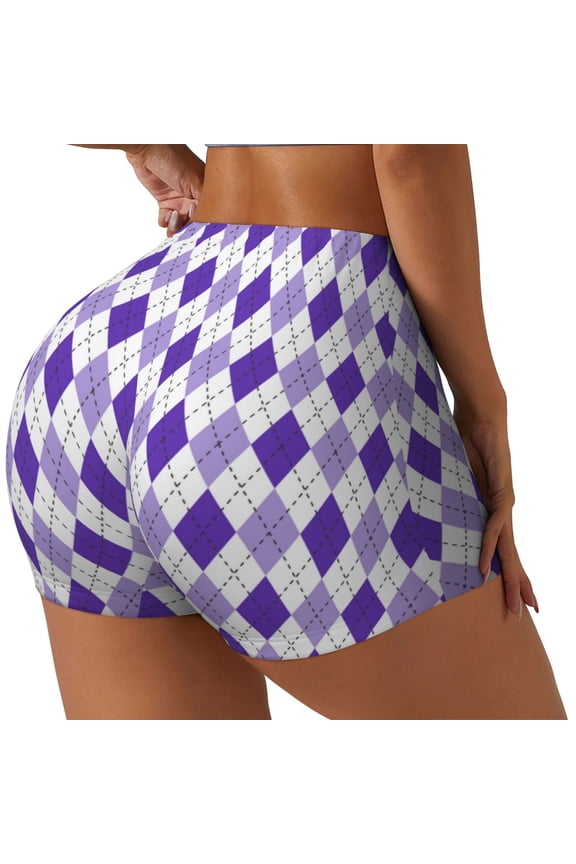 Purple argyle Print Women's Sports Shorts, Elastic Waist High Stretch Running Yoga Gym Sweatpants-Large
