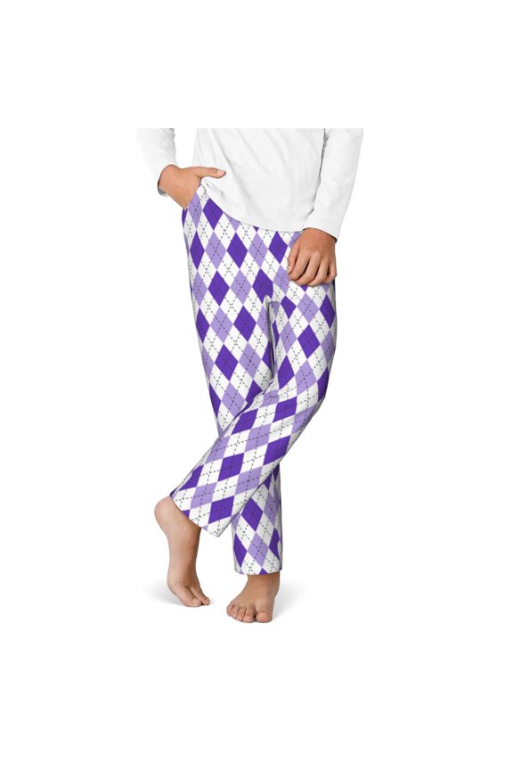 Purple argyle Print Youth Home Trousers, Elastic Waistband with Pockets for Home and Outing, Suitable for Children Aged 5-16-Small