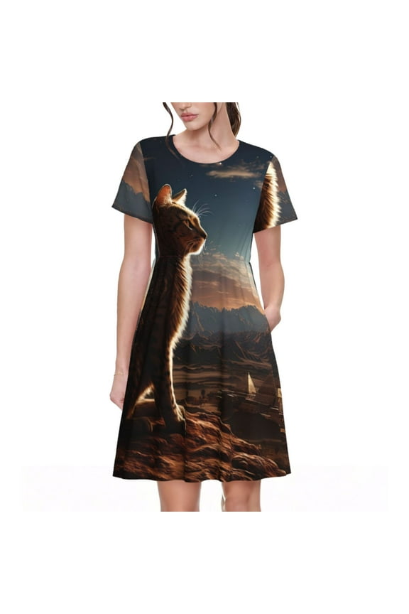 Pyramid Desert Cat Print Women's Short Sleeve Dress, Elastic Waistband A-line with Pockets Summer Dress, Suitable for Daily Leisure, Work, Vacation