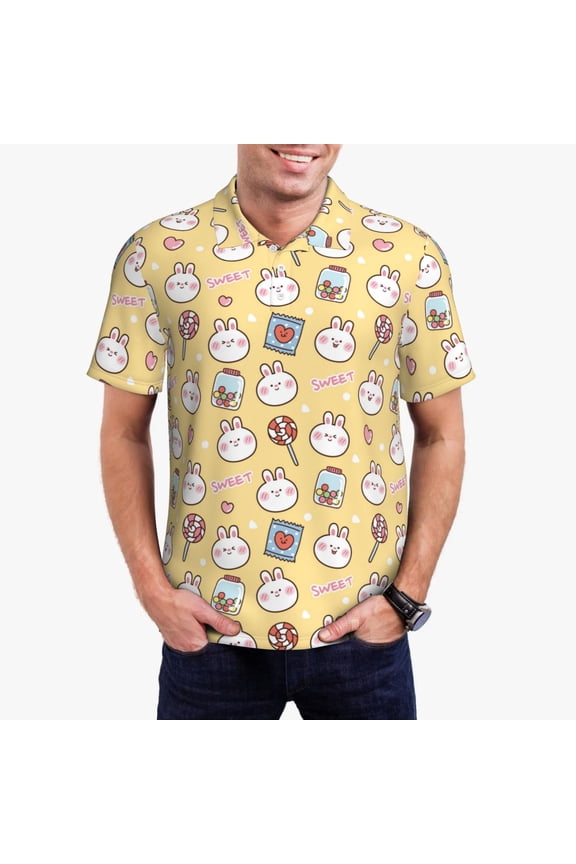 Rabbit And Candy Print Men's Quick-drying POLO Shirt, Button-down Summer T-shirt, Suitable for Work and Outdoor Activities-Small