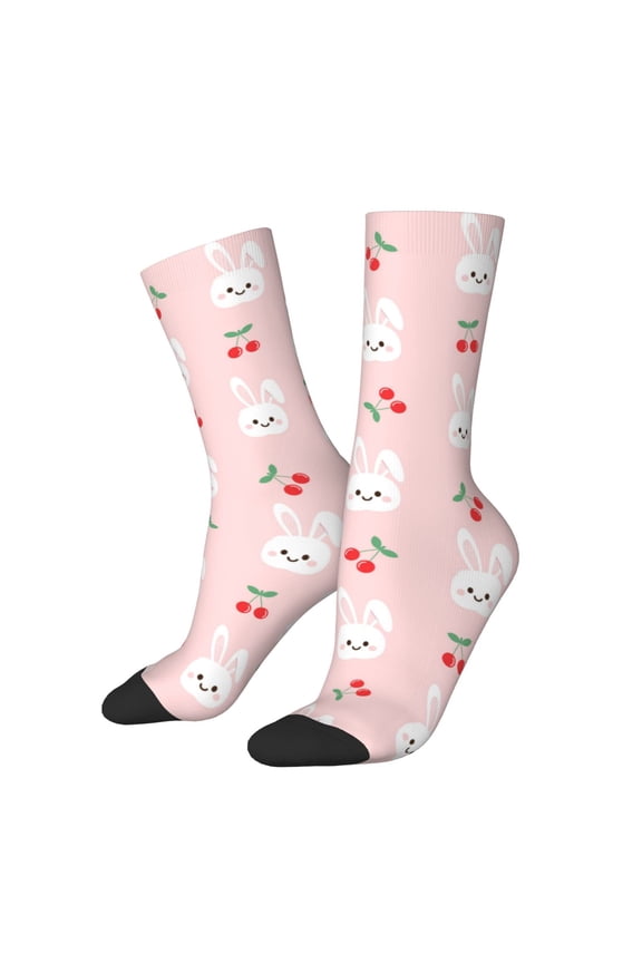 Rabbit And Cherry Print Contrast Color Mid-calf Socks, Sweat-wicking Athletic Socks, Unisex Clothing Accessories