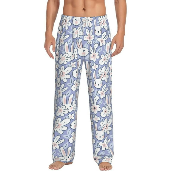 Gukieu Rabbit And Floral Print Men's Home Trousers, Elastic Drawstring Home Pajamas Clothing Suitable for Adult Men-X-Large