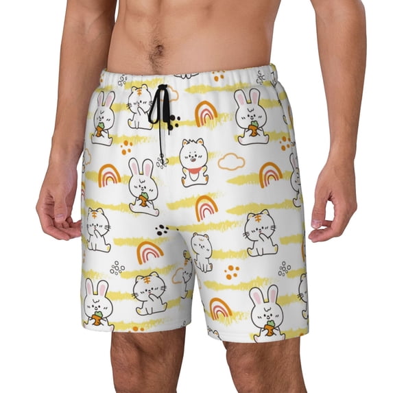 Gukieu Rabbit And Milk Tea Print Men's Double Layer Sports Swim Trunks, Quick Dry Adjustable Waist Swim Shorts Swimwear-Medium