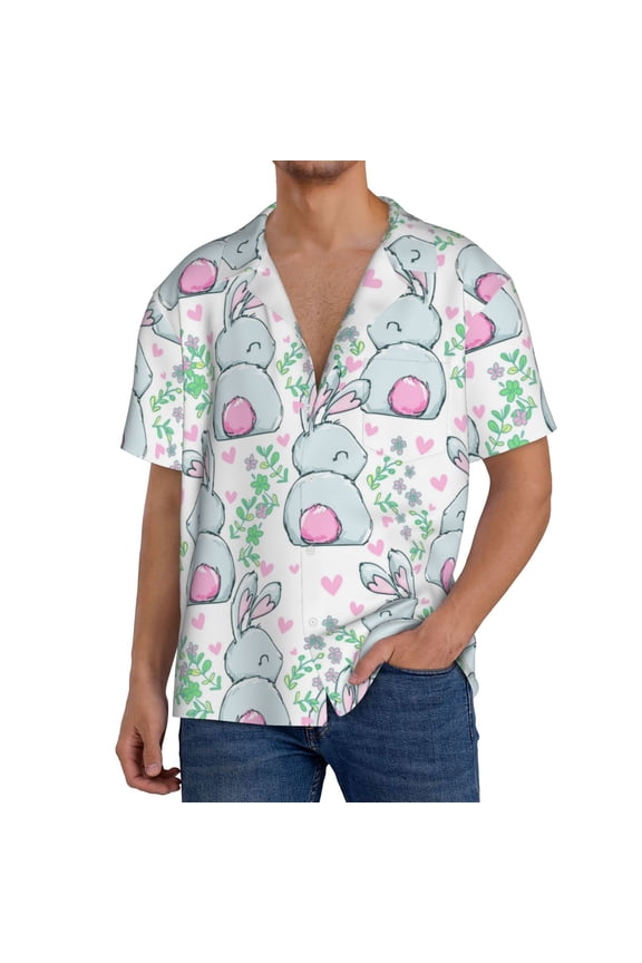 Rabbit Back View Print Men's Short-sleeved Shirts, Button-down Pocket Shirts, T-shirts, Beach Vacation Travel Summer Clothing-Medium