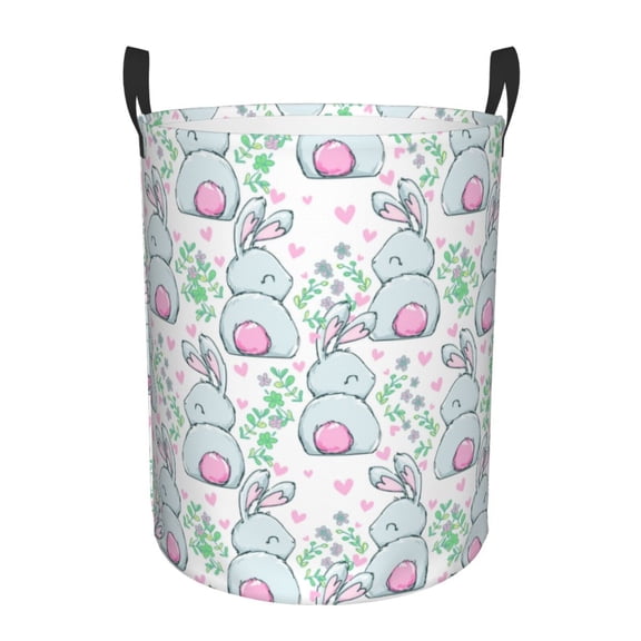 Gukieu Rabbit Back View Print Round Dirty Clothes Bag, Waterproof Standing Home Bathroom Storage Basket Car Trunk Storage Bag-Medium