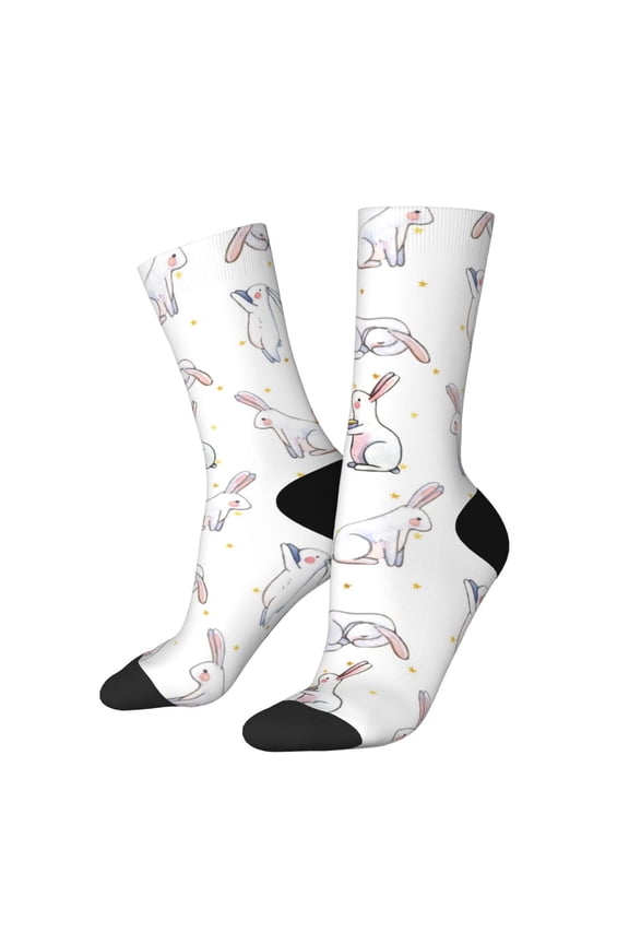 Rabbit Eating Print Contrast Color Mid-calf Socks, Sweat-wicking Athletic Socks, Unisex Clothing Accessories