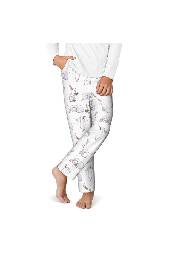 Rabbit Eating Print Youth Home Trousers, Elastic Waistband with Pockets for Home and Outing, Suitable for Children Aged 5-16-Large