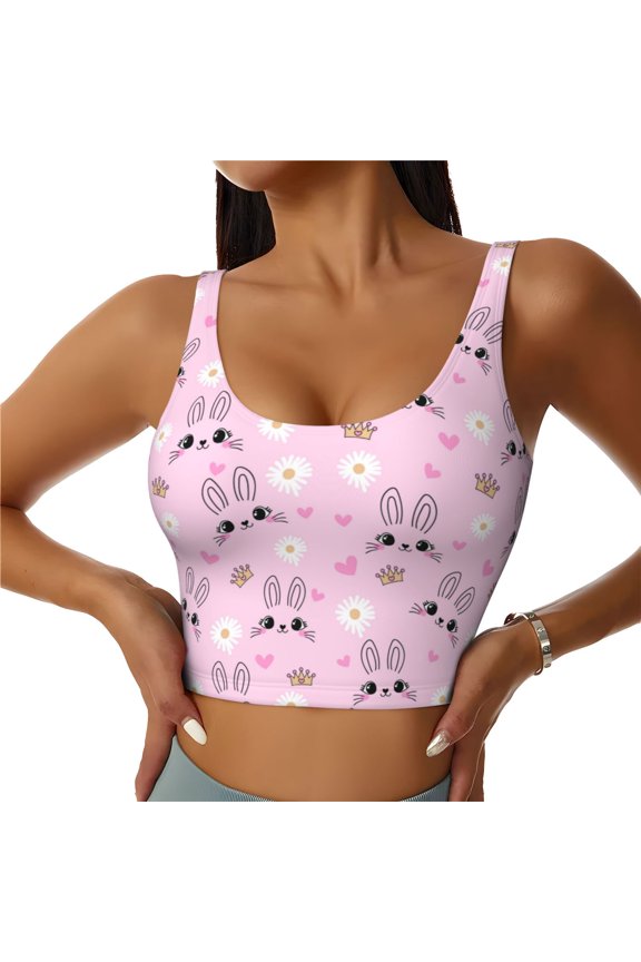 Rabbit Face Print Women's Sports Vest, Low-neck U-shaped Removable Pad Sports Bra for Yoga, Exercise, Dance-XX-Large