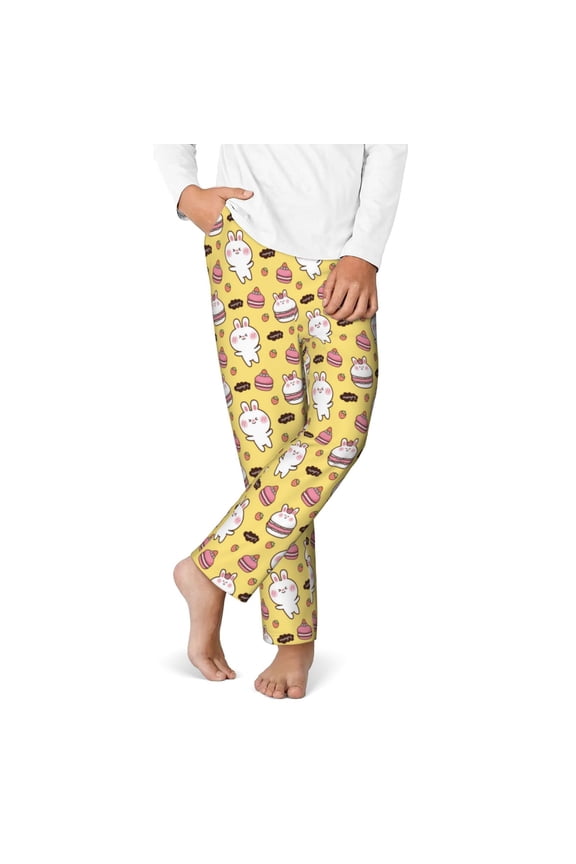 Rabbit Hunger Print Youth Home Trousers, Elastic Waistband with Pockets for Home and Outing, Suitable for Children Aged 5-16-Small