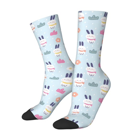 Gukieu Rabbit In The Rain Print Contrast Color Mid-calf Socks, Sweat-wicking Athletic Socks, Unisex Clothing Accessories